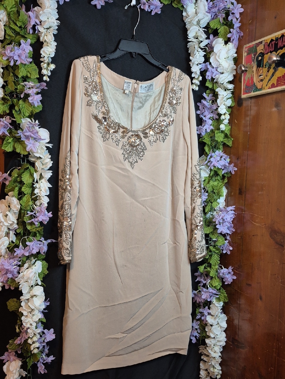 Oleg Cassini Beige Long Sleeve Embellished Shift Dress